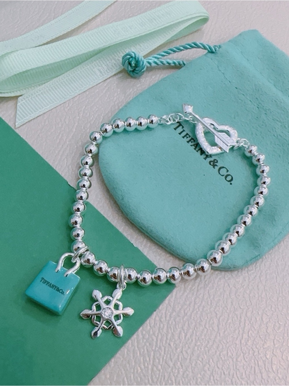 Tiffany & Co. Silver Bead Toggle Bracelet with Turquoise Charm